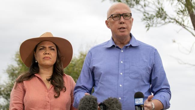 Opposition Leader Peter Dutton (left) and Senator Jacinta Price hold a press conference on ANZAC Hill in Alice Springs on Thursday. Picture: Liam Mendes