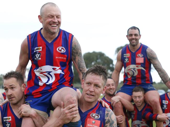 Foootball GDFL: Bell Post Hill v Geelong West.Bell Post Hill  300 games player Travis Fursland and 200 games player Tim Barton are carried off by team matesPicture: Mark Wilson