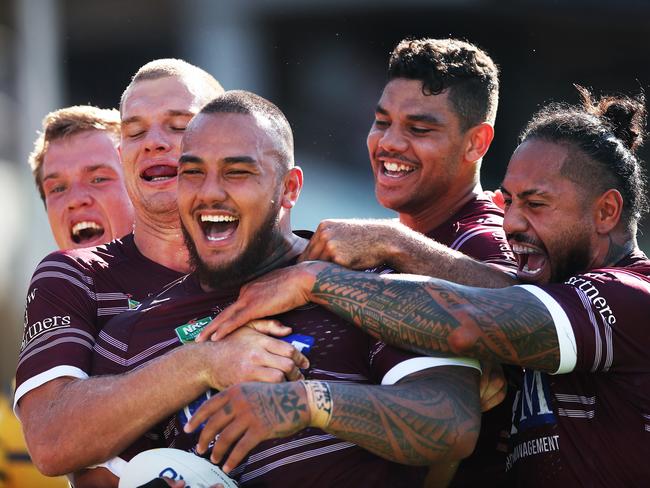 Addin Fonua-Blake (centre) has stepped up for Manly. Picture: Phil Hillyard