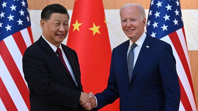 US President Joe Biden, right, and Chinese President Xi Jinping meet on the sidelines of the G20 Summit in Bali on Monday night. Picture: AFP