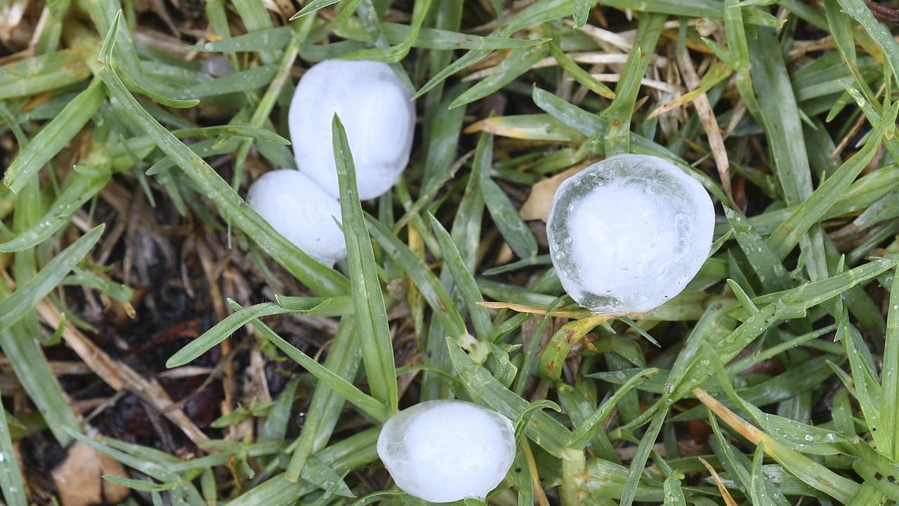 Typical hail is around the size of a pea but you can still see the layering of a opaque centre and clear frozen water surrounding it. Picture: AAP Image/Brendan Esposito