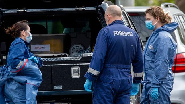 Forensics on the scene of the fatal stabbing which left Tony Salaris dead. Picture: Jay Town