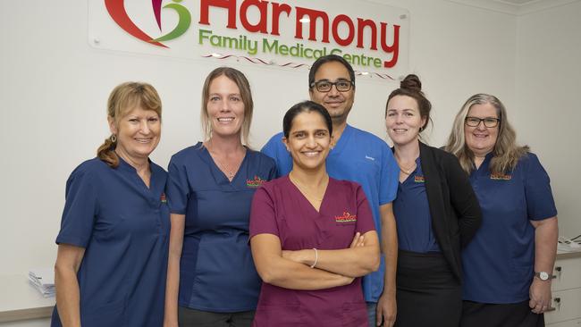 Harmony Family Medical Centre staff Practice Manger Laurel Mezei, nurse Dom Otis, Dr Raj Rajpal, Dr Gagan Rajpal, and medical receptionists Sofie Stewart and Tina Elmer at the new Mulgrave Rd health centre. Picture Emily Barker