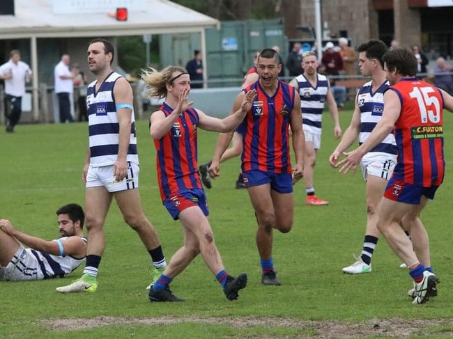 Tommy Hughes celebrates one of his five goals for Rye on Saturday. Picture: Rye FNC