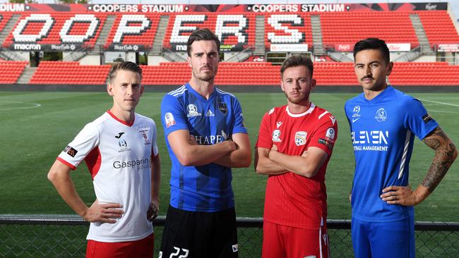 Key NPL SA players Luke Klimek (Croydon), Allan Welsh (Comets), Lachlan Brook (Adelaide United youth) and Matthew Halliday (Adelaide Olympic). Picture: Tom Huntley