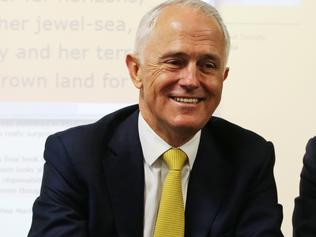 Prime Minister Malcolm Turnbull visits North Strathfield Public School with Minister for Education Simon Birmingham (R) and Member for Reid, Craig Laundy (L) after announcing a new model for school funding. Picture: Toby Zerna