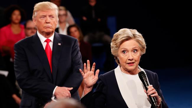 Democratic presidential nominee Hillary Clinton debates Republican presidential nominee Donald Trump in 2016 in St Louis, Missouri.