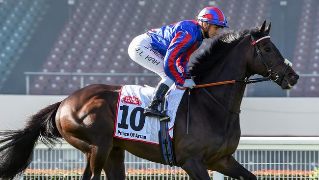 Prince Of Arran (GB) ridden by Jamie Kah prior to the Stella Artois Caulfield Cup at Caulfield Racecourse on October 17, 2020 in Caulfield, Australia. (Brett Holburt/Racing Photos via Getty Images)