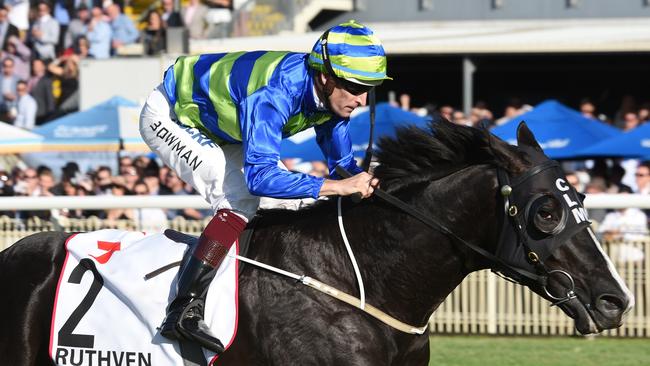 CAPTION (all pics) Ruthven winning the Queensland Derby at Doomben for jockey Hugh Bowman and trainer Ciaron Maher. Picture: Grant Peters, Trackside Photography