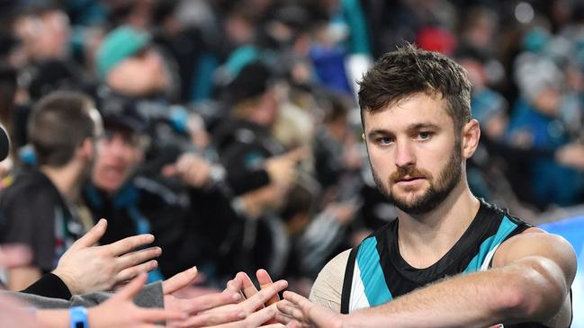 Sam Gray of the Power is seen after the Round 23 AFL match between the Port Adelaide Power and the Fremantle Dockers at the Adelaide Oval in Adelaide, Sunday, August 25, 2019. This ended up being his last game for the club. (AAP Image/David Mariuz)