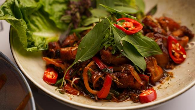 Thai basil wok fried pork belly at Von Modern Thai, Flinders St,