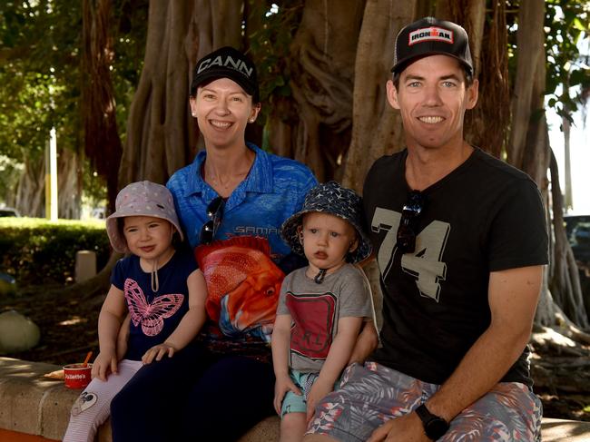 Townsville residents relaxing on the Strand after the relaxation of COVID-19 restrictions. Celeste and Dave Acree with Grace, 3, and Henry, 1, from Garbutt. Picture: Evan Morgan
