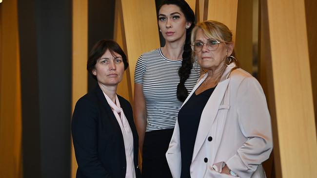 Forensic scientist Kristy Wright, left, with Shannah and Vicki Blackburn – sister and mother of Shandee – after they discussed forensic revelations in regards to the 2013 murder of Shandee Blackburn in Mackay. Picture: Lyndon Mechielsen/The Australian