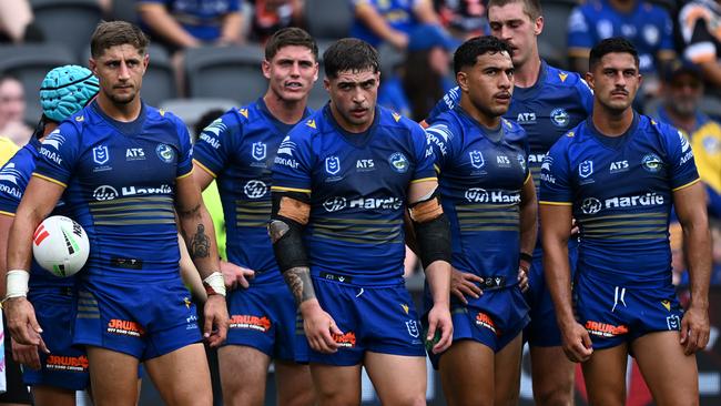 Eels players react after a Wests Tigers try. Picture: NRL Photos