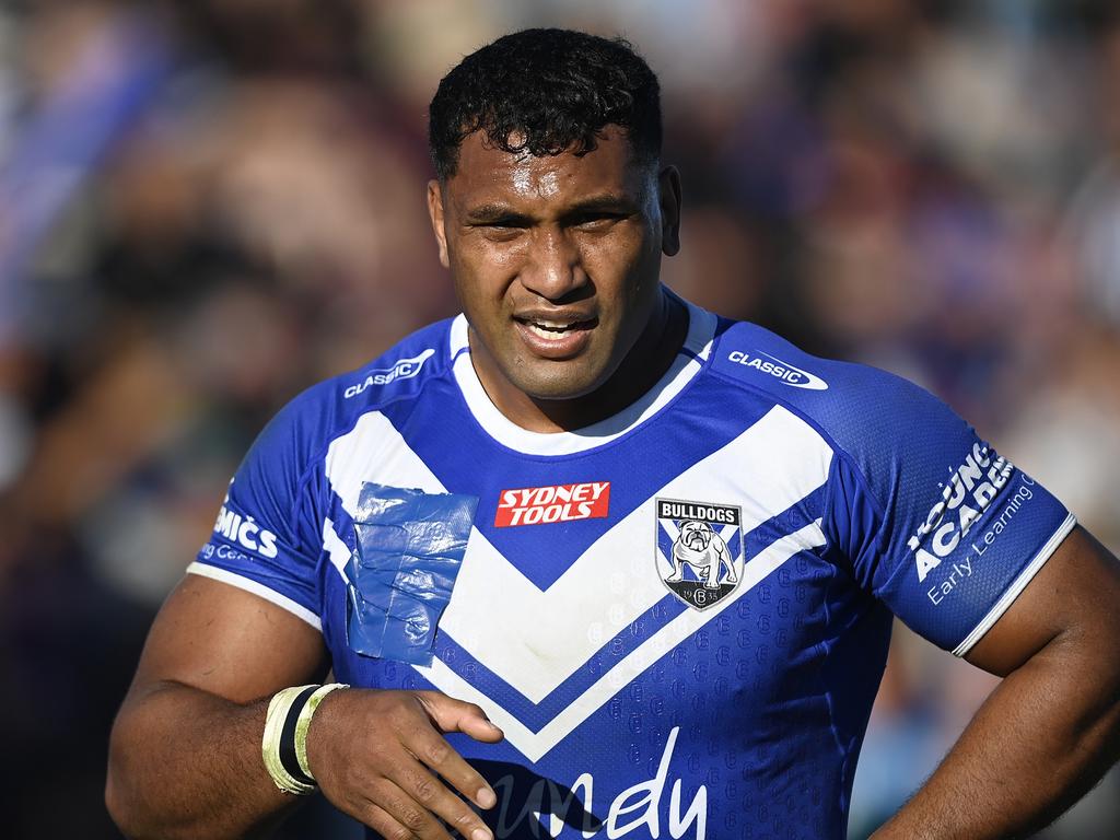 BUNDABERG, AUSTRALIA - JULY 30: Tevita Pangai Junior of the Bulldogs looks on during the round 22 NRL match between Canterbury Bulldogs and Dolphins at Salter Oval on July 30, 2023 in Bundaberg, Australia. (Photo by Ian Hitchcock/Getty Images)