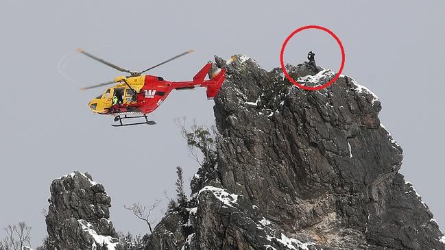 Injured snowboarder rescued at the Needles, near Maydena. Picture: ZAK SIMMONDS