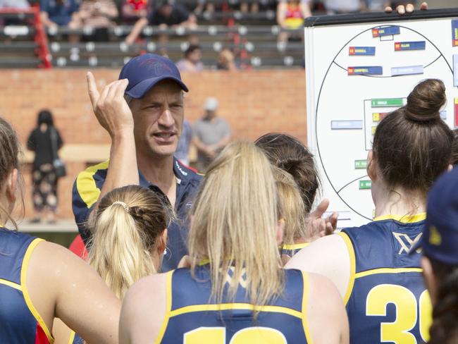 Matthew Clarke coaches his team during a pre-season trial game in January. Picture: AAP/Emma Brasier