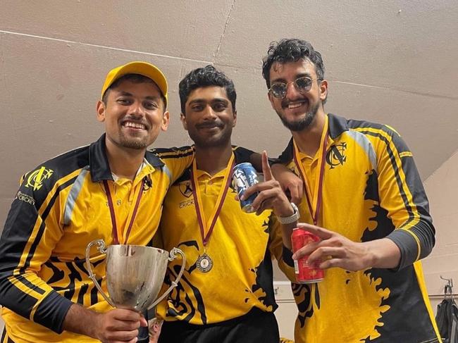 Nightcliff Cricket Club 2022 T20 premiership winners Lto R: Param Uppal, Raveesh Srivastava and Mansukh Singh, 21 July 2022. Picture contributed.