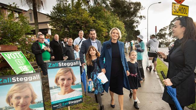 Liberal candidate for Warringah Katherine Deves leaving St Kieran's Catholic School in Manly Vale after voting. Picture: Julian Andrews