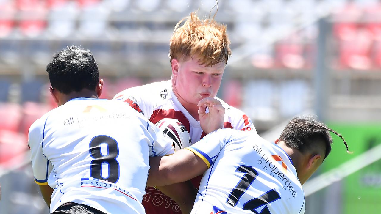 Redcliffe SHS’s Henry Sologinkin playing for the Dolphins in the Connell Challenge under 16 rugby league match. Picture, John Gass