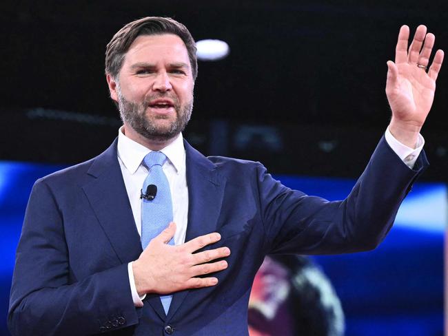 TOPSHOT - US Vice President JD Vance waves as he arrives to speak during the annual Conservative Political Action Conference (CPAC) at the Gaylord National Resort & Convention Center at National Harbor in Oxon Hill, Maryland, on February 20, 2025. (Photo by SAUL LOEB / AFP)