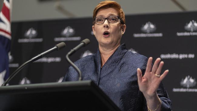 Foreign Affairs Minister Marise Payne discussing Australia’s coronavirus response during a press conference at Parliament House in Canberra this month. Picture: Gary Ramage