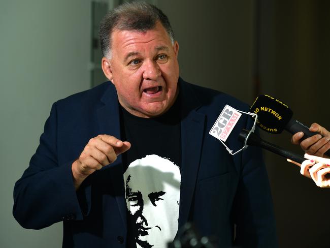 Firebrand Liberal member for Hughes Craig Kelly wearing a Robert Menzies T-shirt at a press conference at Parliament House in Canberra last Thursday. Picture: AAP