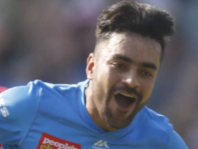 Rashid Khan of the Strikers celebrates his fourth wicket during the Big Bash League (BBL) cricket match between Adelaide Strikers and Sydney Sixers at Adelaide Oval in Adelaide, Wednesday, January 8, 2020. (AAP Image/Kelly Barnes) NO ARCHIVING, EDITORIAL USE ONLY, IMAGES TO BE USED FOR NEWS REPORTING PURPOSES ONLY, NO COMMERCIAL USE WHATSOEVER, NO USE IN BOOKS WITHOUT PRIOR WRITTEN CONSENT FROM AAP