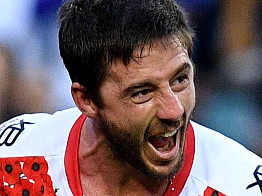 Ben Hunt of the Dragons celebrates after scoring a try during the Round 8 NRL match between the St George Illawarra Dragons and the Sydney Rooster at Allianz Stadium in Sydney, Wednesday, April 25, 2018. (AAP Image/Dan Himbrechts) NO ARCHIVING, EDITORIAL USE ONLY