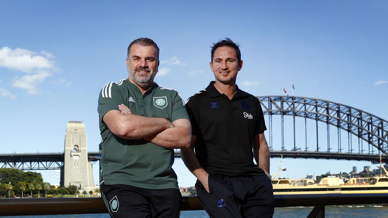 Celtic manager Ange Postecoglou (left) and his Everton counterpart Frank Lampard. will go head-to-head in the Sydney Super Cup. Picture: Richard Dobson