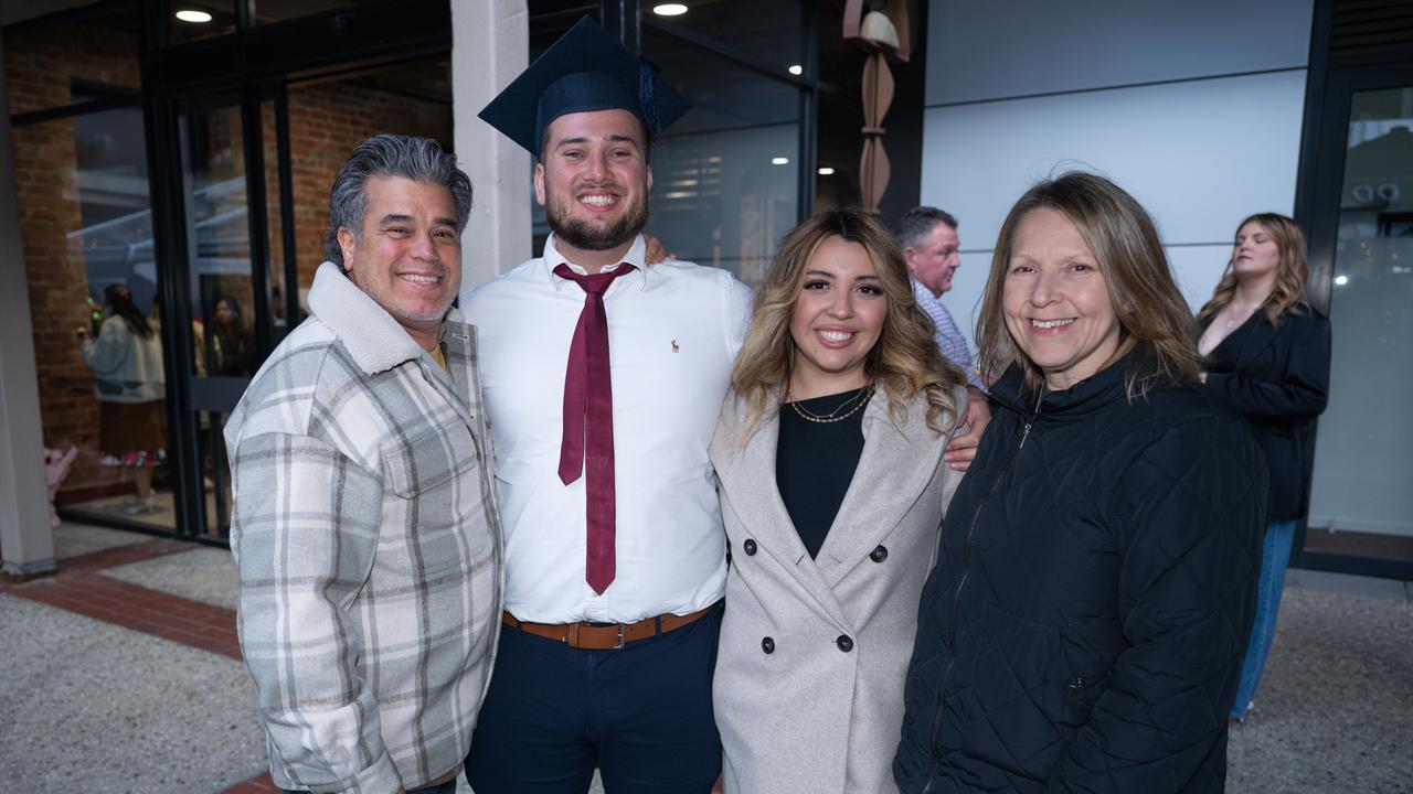 17-09-2024 Deakin University Bachelor of Commerce graduation. Antonio Snr, Antonio and Karen Sarria with Jocelyn Cobain. Picture: Brad Fleet