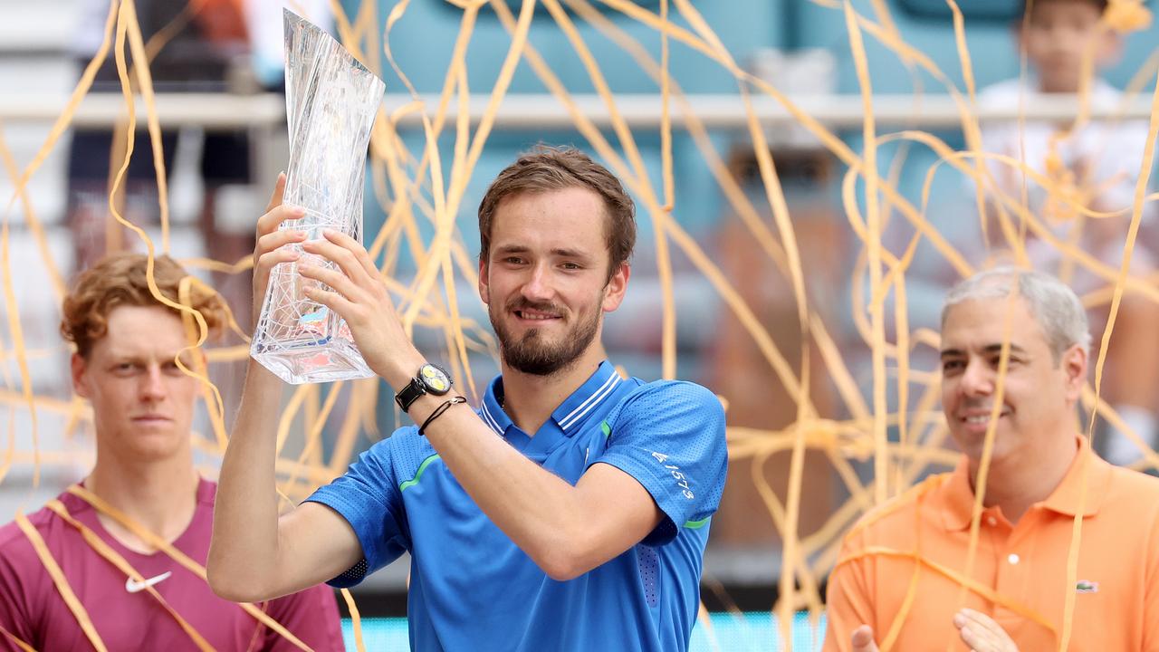 Daniil Medvedev celebrates his win in the Miami Open final over Jannik Sinner. (Photo by Matthew Stockman/Getty Images)