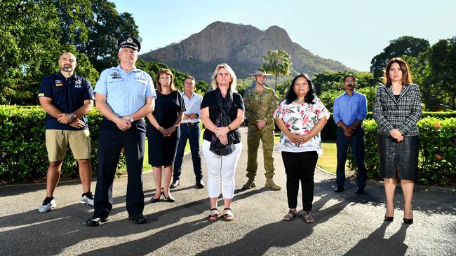 Townsville for White Ribbon; Cowboys Coach Todd Payten, Chief Superintendent Craig Hanlon, Mayor Jenny Hill, Aaron Harper MP, CEO of NQDVRS Mandy Thompson, Commander of 3rd Brigade Brigadier Kahlil Fegan, Yumba-Meta's Brenda Lucas and Anil Kaithakulath, TEL CEO Patricia O'Callaghan. Picture: Alix Sweeney