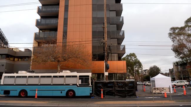 The Isola apartment block on Burnley St in Richmond is in lockdown. Picture: Andrew Henshaw