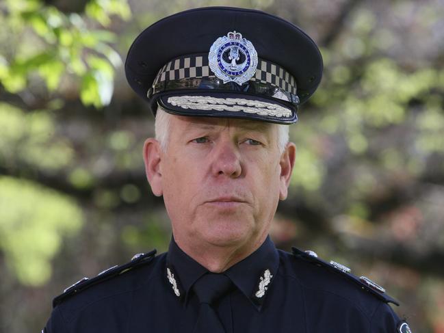 ADELAIDE, AUSTRALIA - NewsWire Photos OCTOBER 7, 2022: Commissioner of the South Australian Police Grant Stevens talks to media at a press conference outside the Sir Samuel Way Building after the sentencing of convicted NCA bomber Domenic Perre. Picture NCA NewsWire / Emma Brasier