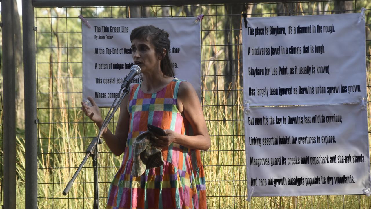 Greens Fannie Bay candidate Suki Dorras-Walker giving a speech at the Lee Point development site on Sunday, April 7. Picture: Zizi Averill