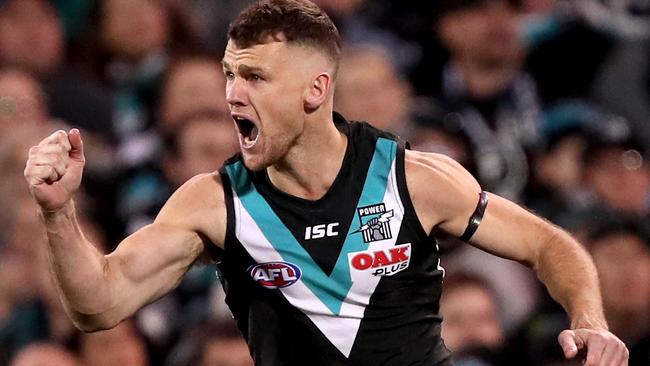 Robbie Gray celebrates a goal of the Power. Picture: James Elsby/AFL Media/Getty Images