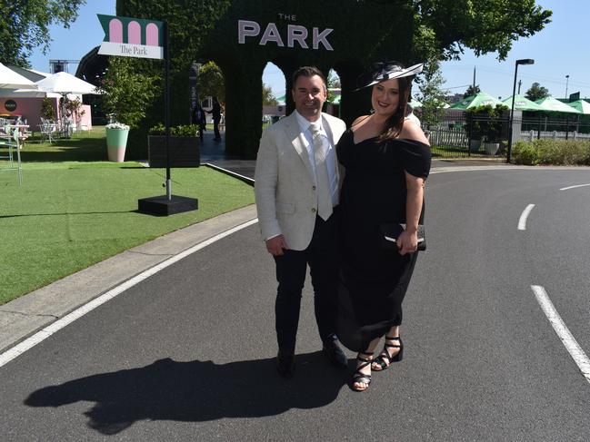 Guests in striking racewear at Penfolds Derby Day at the Flemington Racecourse on Saturday, November 02, 2024: