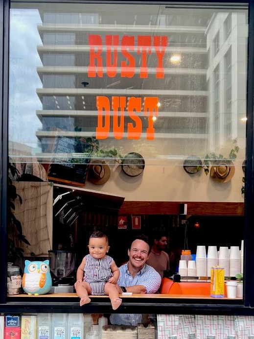 Rusty Dust cafe owner Sam Rains, pictured with his nephew. Picture: Supplied