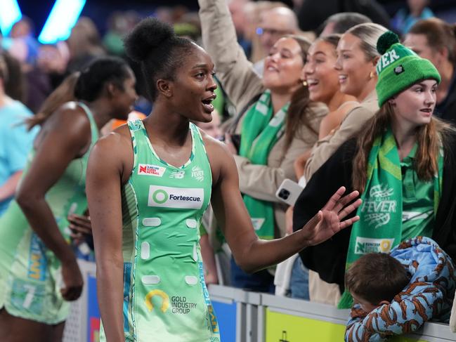 MELBOURNE, AUSTRALIA - APRIL 27: Kadie-Ann Dehaney of the Fever celebrates with fans after wining the round three Super Netball match between Melbourne Mavericks and West Coast Fever at John Cain Arena, on April 27, 2024, in Melbourne, Australia. (Photo by Daniel Pockett/Getty Images)