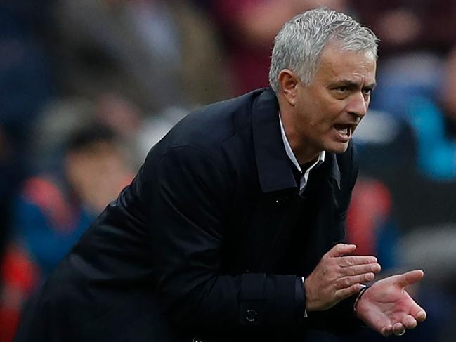 Tottenham Hotspur's Portuguese head coach Jose Mourinho reacts on the sidelines during the English Premier League football match between West Ham United and Tottenham Hotspur at The London Stadium, in east London on November 23, 2019. (Photo by Adrian DENNIS / AFP) / RESTRICTED TO EDITORIAL USE. No use with unauthorized audio, video, data, fixture lists, club/league logos or 'live' services. Online in-match use limited to 120 images. An additional 40 images may be used in extra time. No video emulation. Social media in-match use limited to 120 images. An additional 40 images may be used in extra time. No use in betting publications, games or single club/league/player publications. /