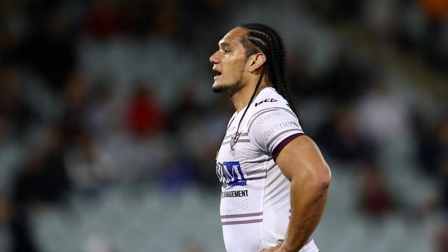 SYDNEY, AUSTRALIA — AUGUST 23: Martin Taupau of the Sea Eagles looks dejected after losing the round 24 NRL match between the Wests Tigers and the Manly Sea Eagles at Campbelltown Sports Stadium on August 23, 2018 in Sydney, Australia. (Photo by Cameron Spencer/Getty Images)