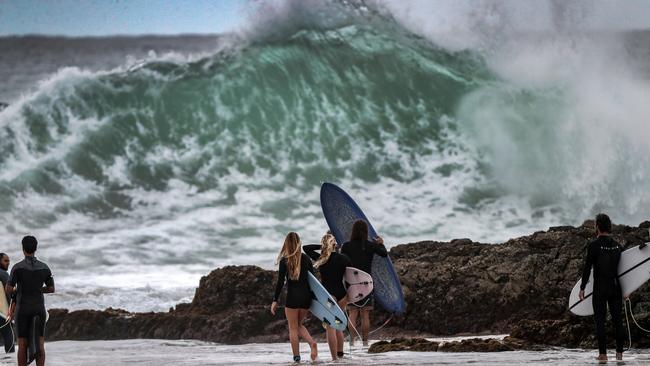 Big surf warning: Five Gold Coast beaches have been closed as powerful 2-3m waves pound the southeast Queensland coast. Surf at Snapper Rocks. Picture: NIGEL HALLETT