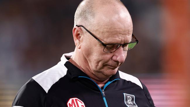 ADELAIDE, AUSTRALIA - SEPTEMBER 05: Ken Hinkley, Senior Coach of the Power looks on during the 2024 AFL Second Qualifying Final match between the Port Adelaide Power and the Geelong Cats at Adelaide Oval on September 05, 2024 in Adelaide, Australia. (Photo by Michael Willson/AFL Photos via Getty Images)