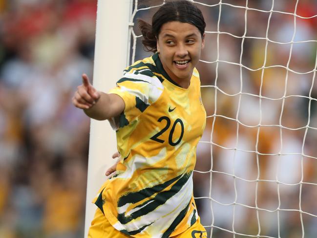 NEWCASTLE, AUSTRALIA - MARCH 06: Sam Kerr of the Australian Matildas celebrates a goal during the Women's Olympic Football Tournament Play-Off match between the Australian Matildas and Vietnam at McDonald Jones Stadium on March 06, 2020 in Newcastle, Australia. (Photo by Tony Feder/Getty Images)
