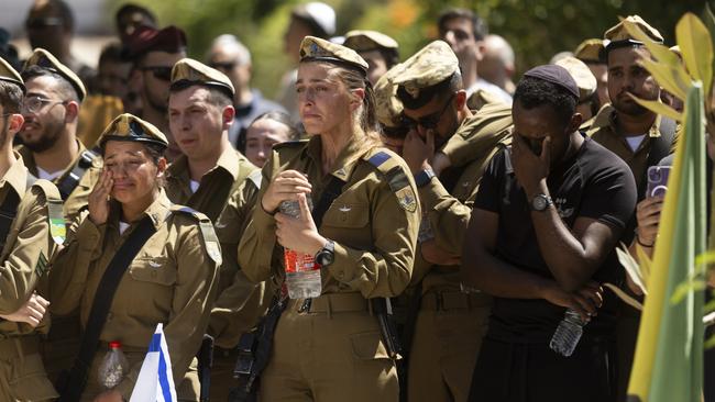 The funeral in Holon on Thursday for Israeli staff sergeant Haim Sabach, killed by in a Hezbollah missile attack. Picture: Getty Images