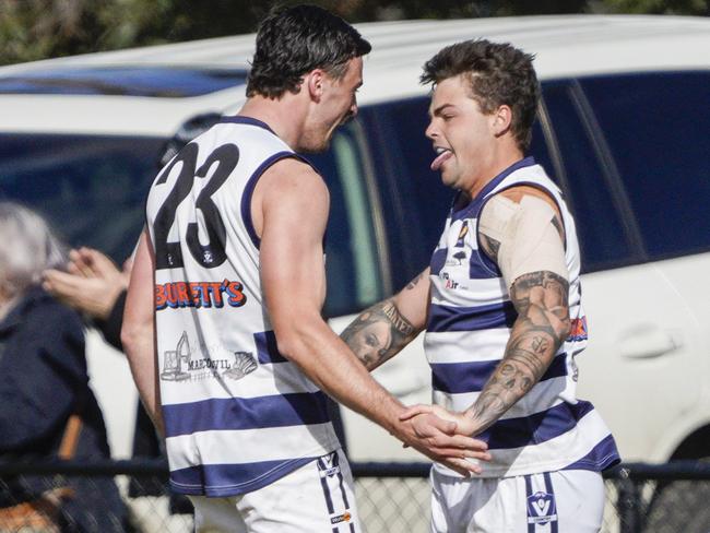 MPNFL Division 2 football  elimination final: Devon Meadows v Pearcedale. Pearcedale players celebrate the goal of Luke Jennings. Picture: Valeriu Campan