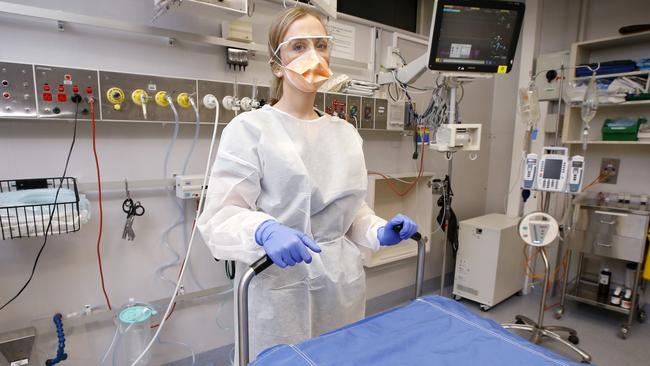 Alfred Hospital associate nurse manager Michelle Caulfield wearing PPE. Picture: David Caird