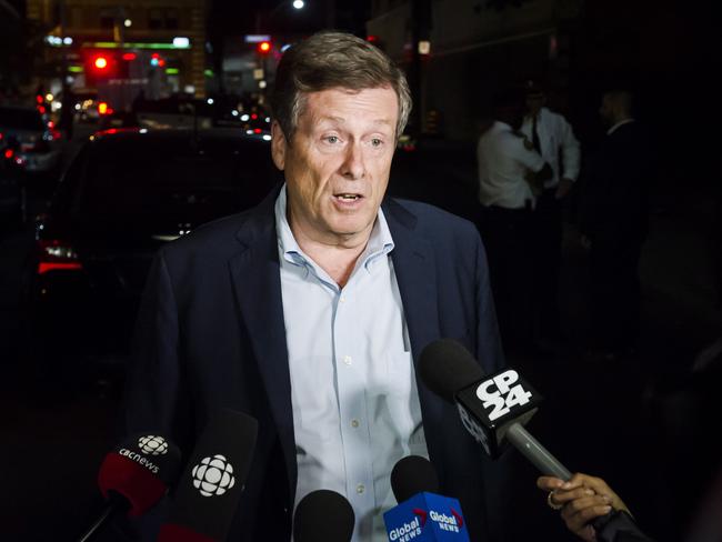 Toronto Mayor John Tory speaks to the press following a mass shooting in Toronto. Picture: Christopher Katsarov/The Canadian Press via AP