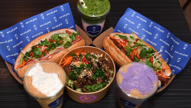 Em Caphe – TASTE. Saigon Nem Nuong Banh Mi, Lemon Grass Beef, Nem Nuong Banh Mi and Salt Coffee, Strawberry Matcha and Ube Coffee. Picture: Evan Morgan